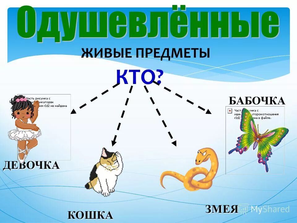 Найди три одушевленных и три неодушевленных существительных