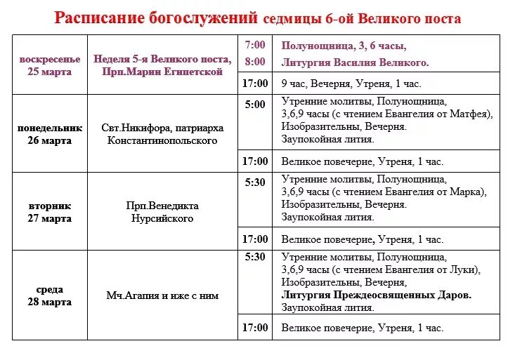 Схема служб первой седмицы Великого поста. Богослужения 1 седмицы Великого поста схема. Седмица 6-я Великого поста (седмица ваий). Расписание служб Великого поста.