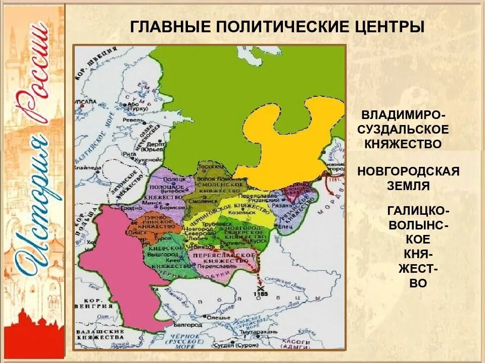 Главные политические центры Руси Новгородская земля. Владимиро-Суздальское княжество и Новгородская Республика. Политические центры Владимиро Суздальского княжества.