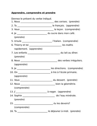 Упражнения на глагол prendre. Prendre упражнения. Спряжение глагола prendre. Глагол comprendre во французском. Упражнение французские глаголы