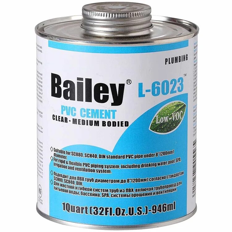 Клей пвх bailey. Клей для ПВХ Bailey 473 мл для ПВХ труб. Клей для труб ПВХ Bailey l-6023 473 мл. Клей для труб ПВХ 946мл Bailey l-6023. Клей Bailey для ПВХ труб.