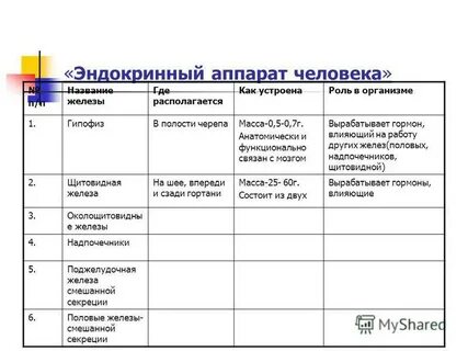 Таблица название желез