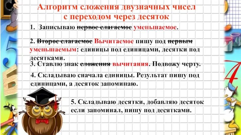 Алгоритм письменного вычисления 2 класс. Алгоритм вычисления столбиком 2 класс. алгоритм сложения. алгоритм сложения и вычитания двузначных чисел 2 класс. алгоритм сложения двузначных чисел с переходом через десяток.