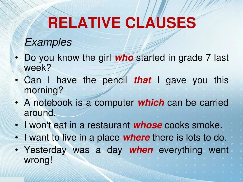 Relative Clauses в английском. Предложения с relative Clauses. Defining relative Clauses в английском. Realative clothes в английском. Предложения с where