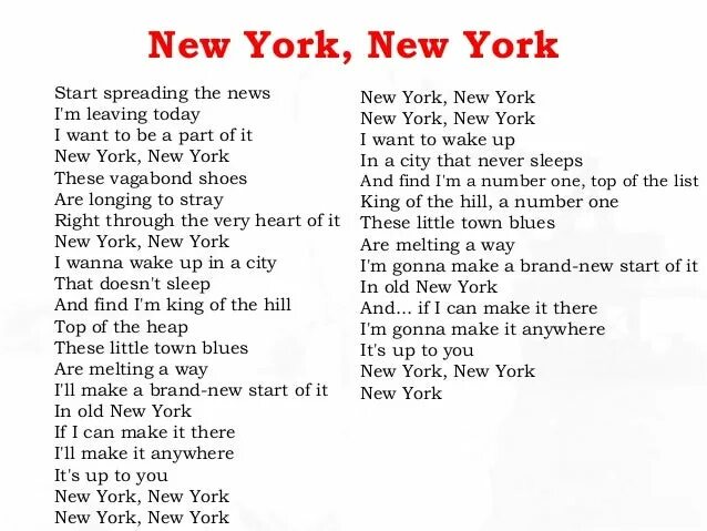 Ny песни. Frank Sinatra New York текст. Нью Йорк Фрэнк Синатра текст. Текст песни New York. Слова песни Нью Йорк.