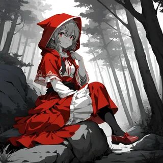 anime girl in Le Petit Chaperon rouge sitting on rock in forest, art fantas...