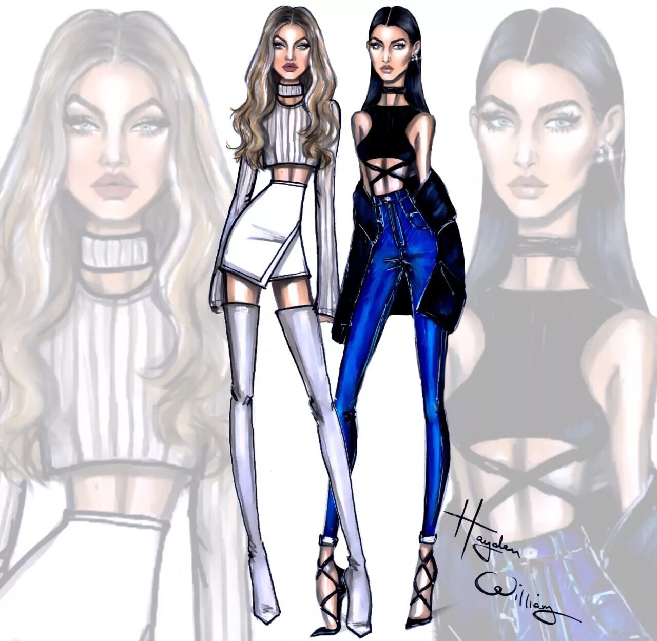 Рисунок 2 моделей. Hayden Williams Белла Хадид. Хайден Уильямс модели. Хайден Вильямс Джиджи. Рисунки Хайден Уильямс Джиджи и Белла Хадид.