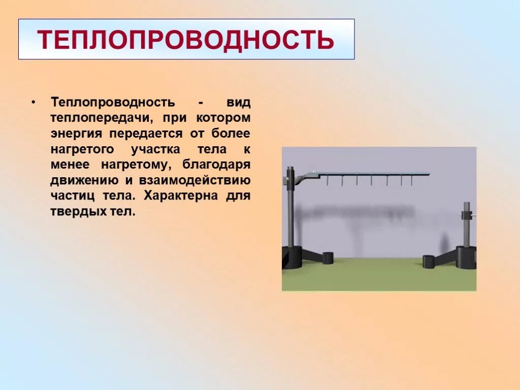 В вакууме энергия передается. Виды теплопередачи. Виды теплопроводности. Способы передачи тепла теплопроводность. Слайд теплопроводности.