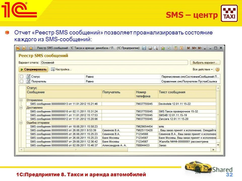 Реестр служб заказа такси. Отчет по заказам.