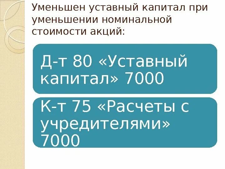 80 Уставный капитал. Счет 80 уставный капитал. Д-Т 80 «уставный капитал» к-т 75 «расчеты с учредителями». Уменьшение уставного капитала.