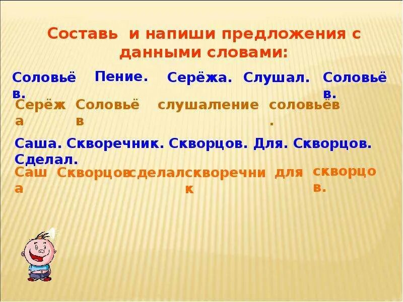 Составить предложение из слова уха. Составить предложение со словом соловьи. Придумать предложение со словом соловьи. Предложение со словом скворечник. Придумай предложение со словом Соловей.