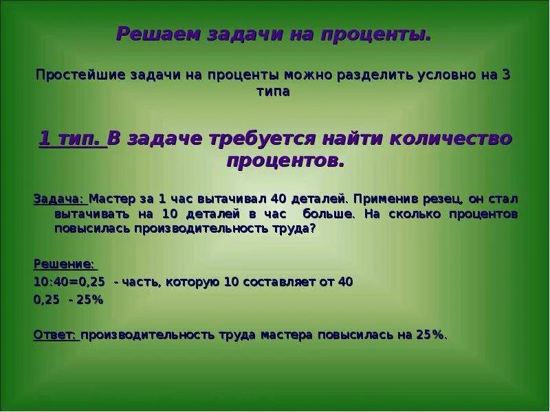 Презентация на задачи 6 класс. Задачи на проценты. Простые задачи на проценты. 1 Тип задач на проценты. Задачи на проценты задания.