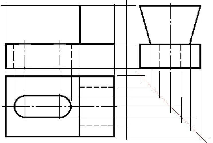 Линии проекционной связи. Построение трех видов. Черчение третий вид по двум. Линии проекционной связи на чертеже.
