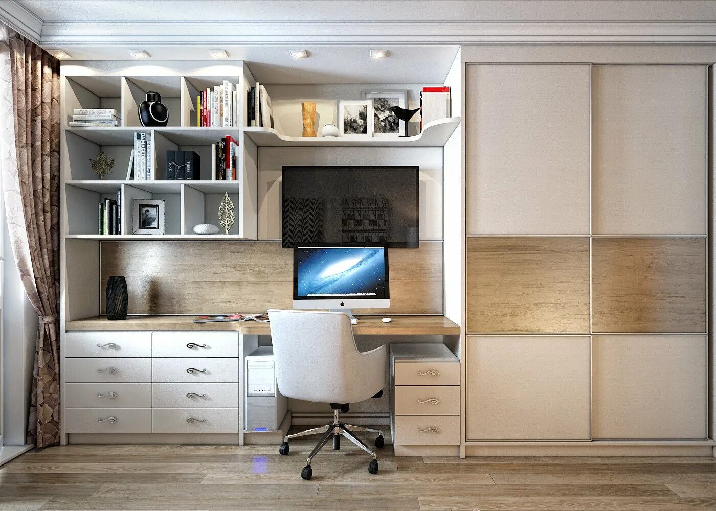 Компьютерный стол с шкафчиками. Письменный стол встроенный в шкаф. Шкаф с рабочей зоной. Шкаф с рабочей зоной в комнату. Шкафы с письменным столом для спальни.