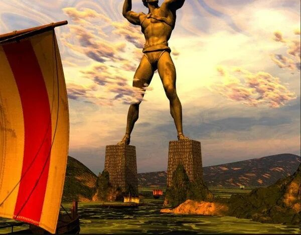 Статуя гелиоса где. Статуя Колосса Родосского. Колосс Родосский семь чудес света. Статуя Бога солнца Гелиоса. Родос Колосский статуя.