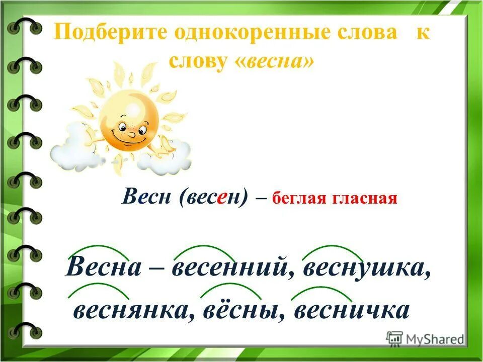 Проверочное слово Сесна. Весенний однокоренные слова.