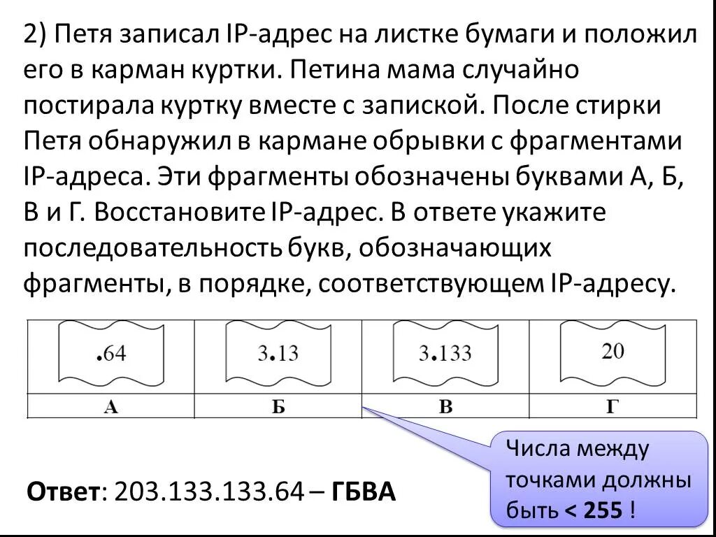 Сотруднику фирмы продиктовали по телефону ip адрес. Адресация в сети. Восстановите IP-адрес.. Восстановление IP адреса по его фрагментам.