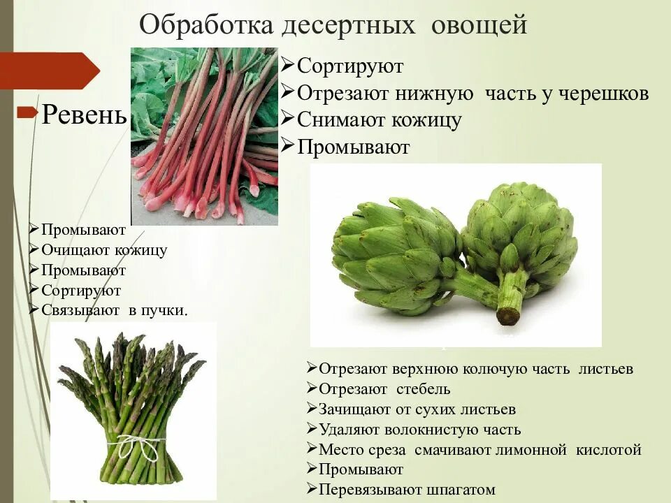 Овощи после обработки. Ревень спаржа артишок. Десертные овощи. Виды десертных овощей. Презентация на тему десертных овощей.