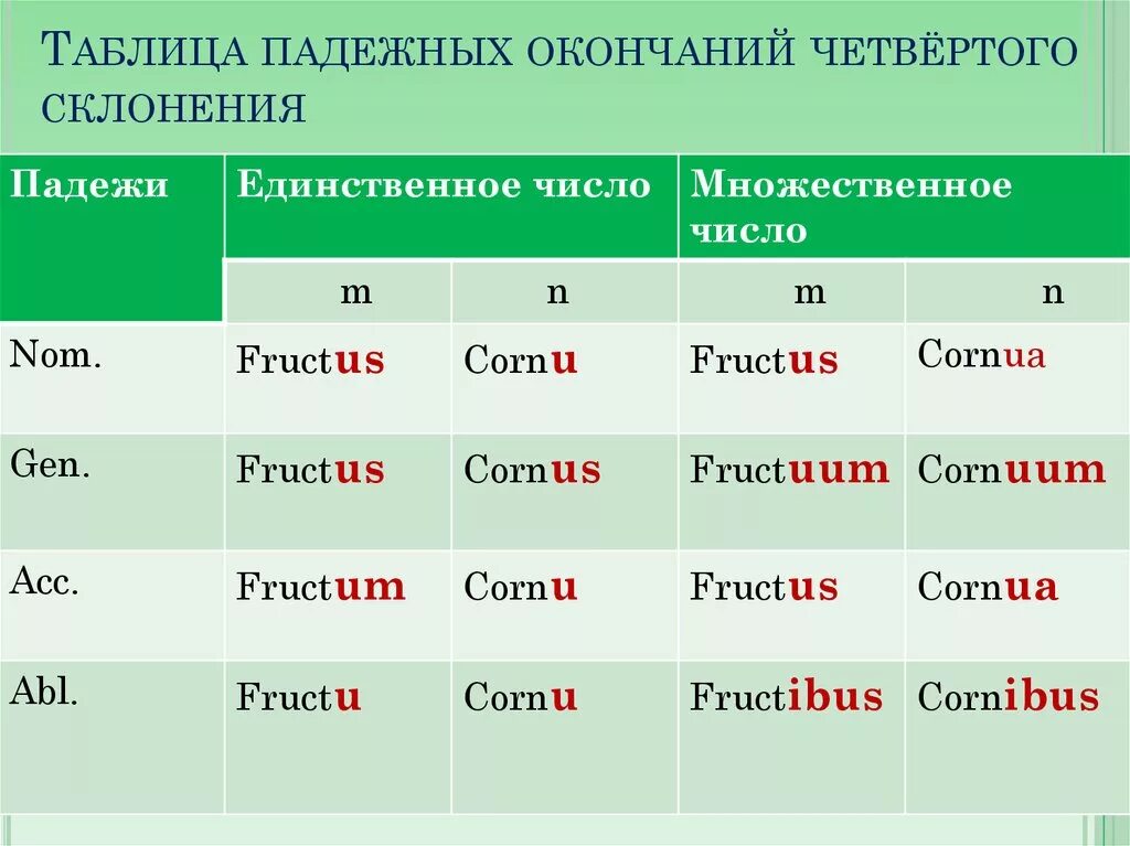 Первый род число падеж. Таблица падежных окончаний 4 склонения латынь. 4 Склонение в латинском языке. 4 Склонение существительных в латинском языке. Склонение существительных 4 склонения латынь.