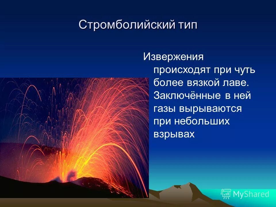 Почему происходит извержение вулкана кратко. Стромболианский Тип вулканов. Стромболианский Тип извержения. Презентация на тему вулканы. Типы извержения вулканов.