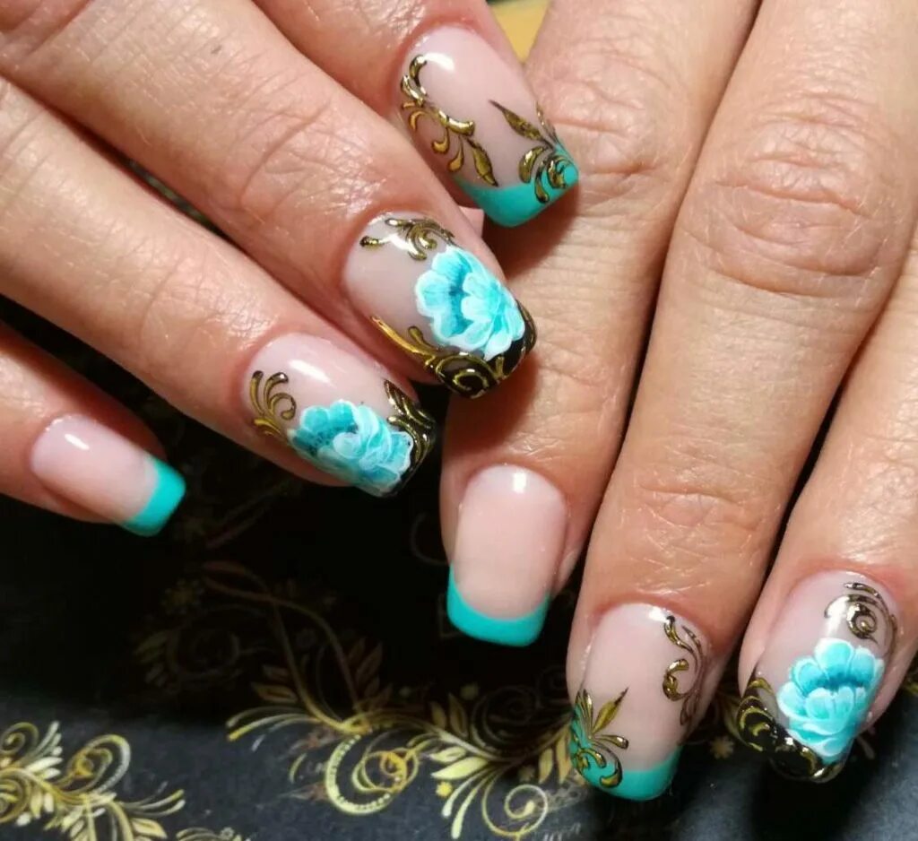 бирюзовый френч. бирюзовый френч на ногтях.