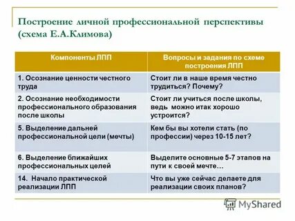 Составляющие личного профессионального плана