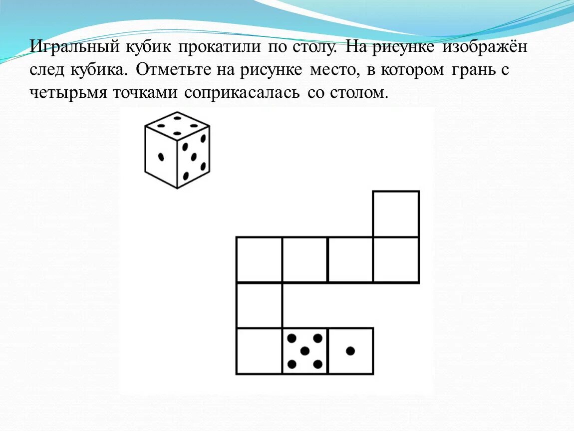 Впр по математике задание с кубиком. Игральный кубик прокатили по столу. Кубик прокатили по столу задания. Развертка кубика задания. Задача игральный кубик прокатили по столу.