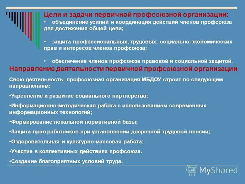 Цели и задачи профсоюзной организации. Цели и задачи первичной профсоюзной организации. Профсоюзные организации в России их цели и задачи. Цели и задачи профсоюза в ДОУ. Приоритетные направления профсоюза