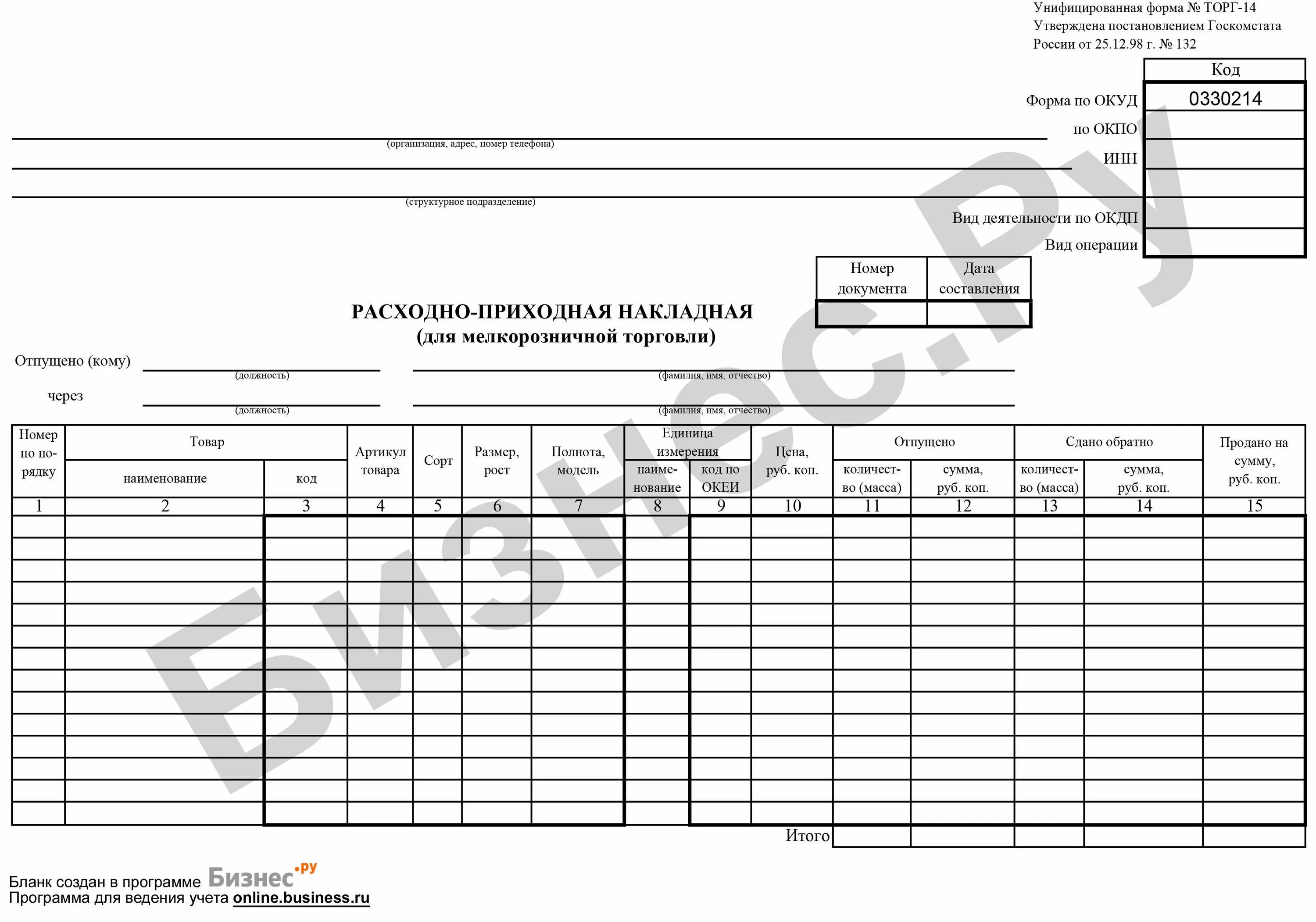 Унифицированные формы накладных