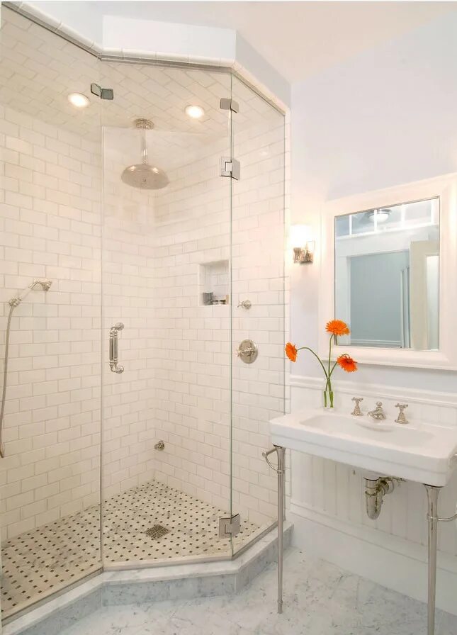 White Contemporary Bathroom With Shower Stall Bathroom tile designs, White subwa