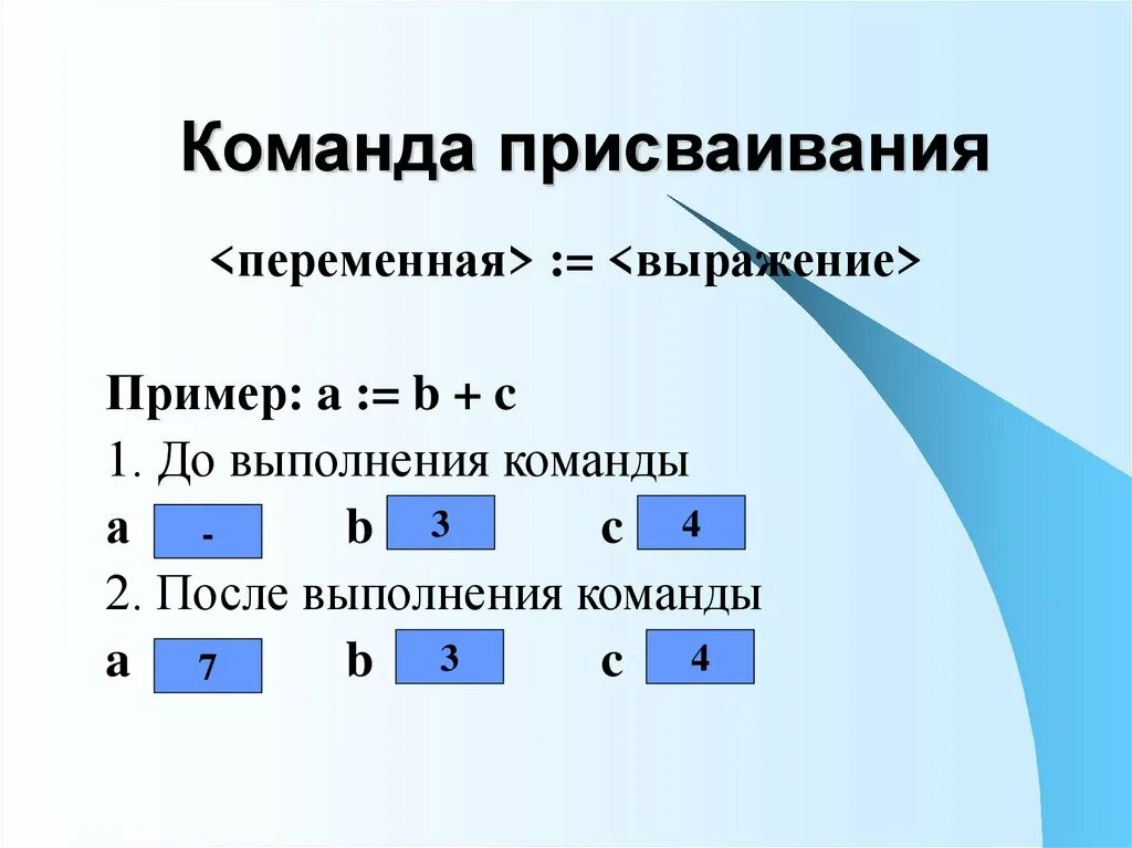 Некорректная команда. Команда присваивания Информатика 8 класс. Команда присваивания примеры. Алгоритм команда присваивания. Правильная запись команды присваивания.