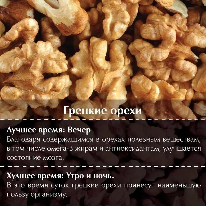 В какое время есть грецкий орех. Лучшее время для употребления продуктов. когда полезно есть орехи. в какое время суток лучше кушать орехи. в какое время лучше есть грецкие орехи.
