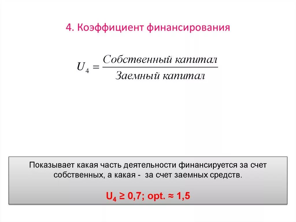 Коэффициент финансирования (u4). Коэффициент финансирования рассчитывается по формуле. Коэффициент финансирования формула расчета. Коэффициент финансирования собственный капитал / заемный капитал.