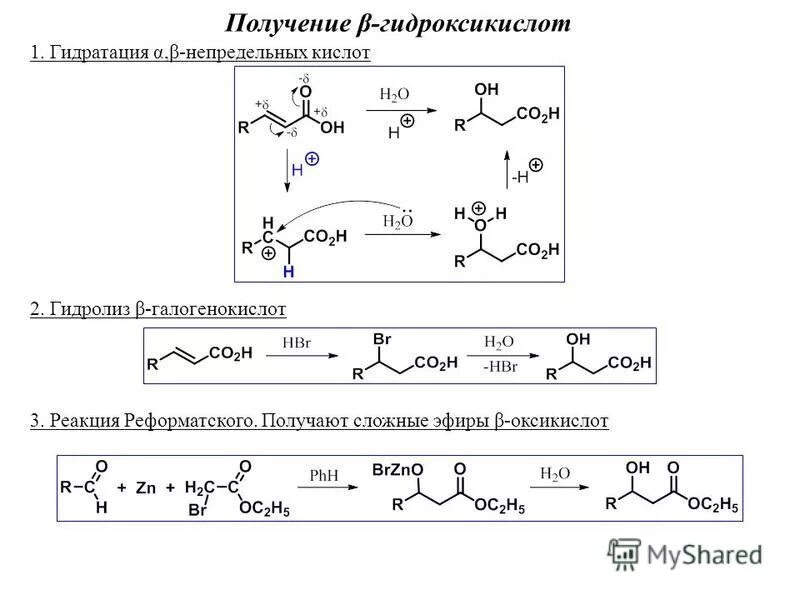 Кислоты с гидроксильной группой. Получение гидрокислот. Получение оксикислот. Реакция Реформатского получение гидроксикислот.