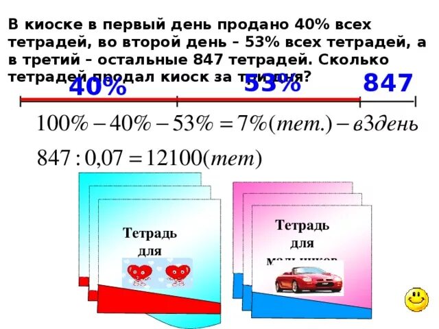 Хватит ли 50 тетрадей. В киоске за день продали. В киоске продали 50 тетрадей. В киоске в первый день продано 40 процентов всех тетрадей во второй 53. В киоске в первый день продано 40.