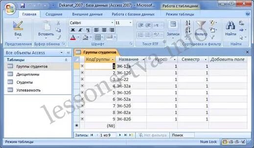 Сортировка таблиц в access. Таблица аксесс 2007. access 2007. шифр дисциплины access.