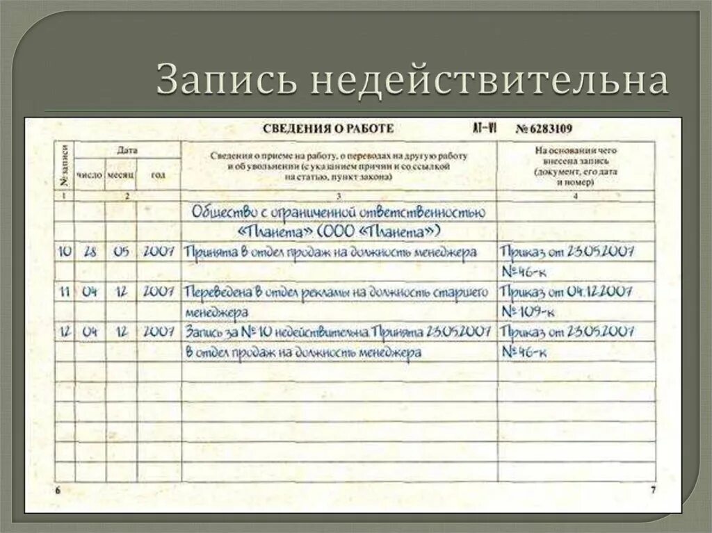 Запись в тк. Запись недействительна в трудовой книжке. запись в трудовую о том что запись недействительна. запись в трудовой книжке запись недействительна. запись под номером недействительна в трудовой книжке.