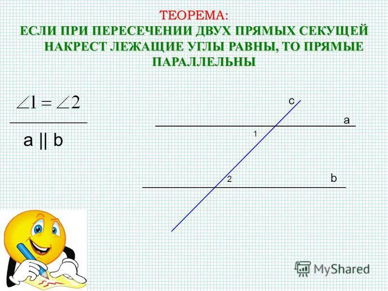 Виды углов при пересечении двух прямых третьей. Углы при двух параллельных прямых и секущей. Теоремы об углах при параллельных прямых.