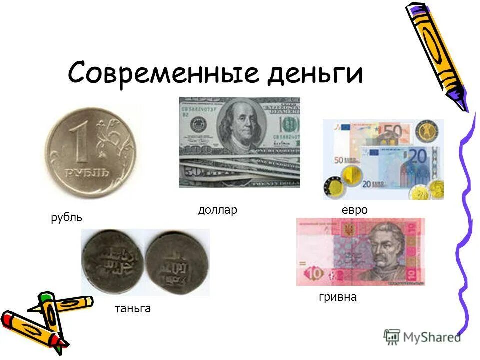 Какие деньги используются сейчас в россии. Современные деньги. Виды современных денег. Проект на тему современные деньги. Деньги виды денег.