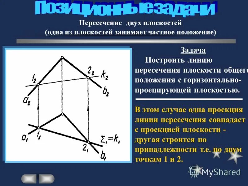 Пересечение плоскостей частного положения. Пересечение плоскостей начертательная геометрия. Пересечение плоскостей частного положения. Плоскость общего положения и проецирующая прямая. Пересечение плоскостей чертеж.