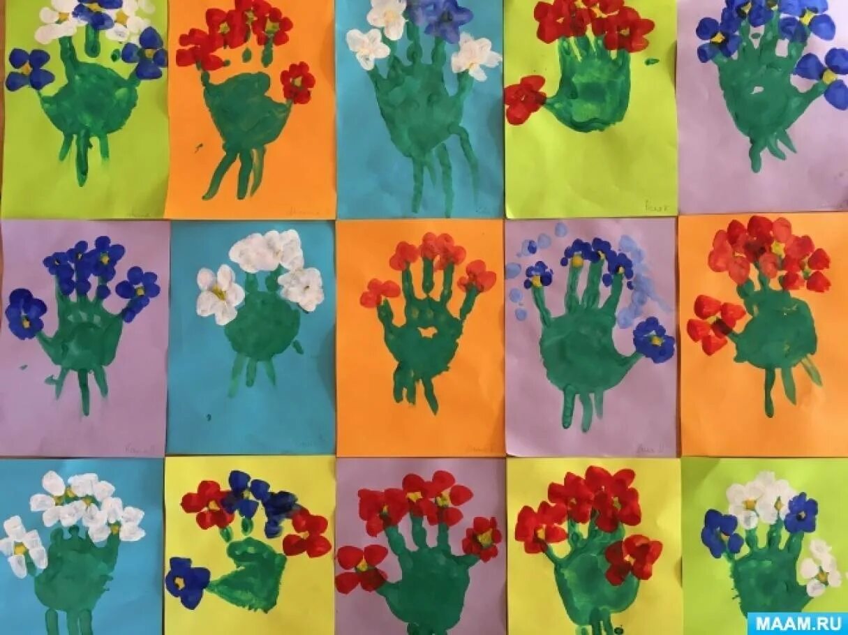 Рисование ладошками цветы. Рисование ладошками для детей цветы. Рисование ладошками цветы в средней группе. Рисование цветы средняя группа. Букет для мамы в младшей группе