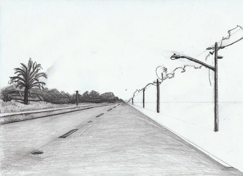 пейзаж в перспективе. эскиз пейзажа. как нарисовать дорогу карандашом. как нарисовать дорогу карандашом. пейзаж дороги карандашом.