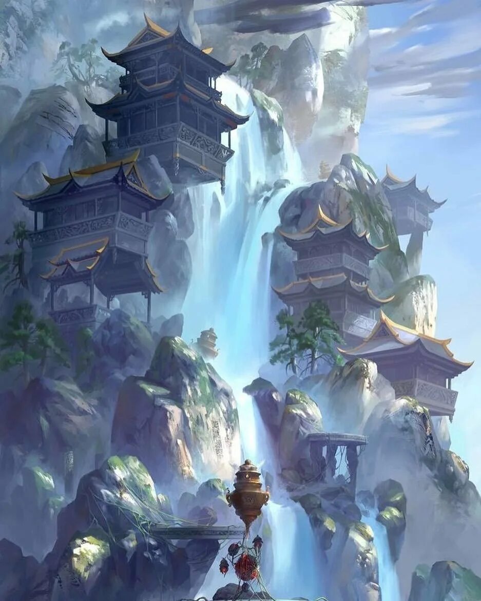 Картины в стиле фэнтези природа. Аниме природа. Геншин импакт ли юэ арт. Локация смартфона. Разные локации.