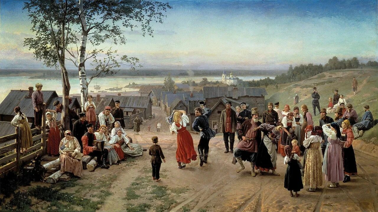 Повседневная жизнь обитателей городов и деревень. Николай Дмитриев-Оренбургский (1837-1898).. Николай Дмитриевич Дмитриев-Оренбургский. Художник Дмитриев-Оренбургский Николай Дмитриевич. Николай Дмитриевич Дмитриев-Оренбургский, "воскресенье в деревне", 1884.
