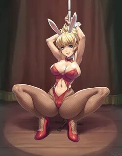 areola, areola slip, blonde hair, blue eyes, blush, bowtie, breasts, bunny costume...