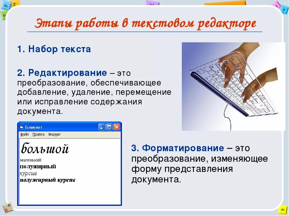 Работа в текстовом редакторе. Текстовый редактор этапы работы. Этапы работы в текстовом редакторе. Ввод текста в редакторе. Введите текст информатика