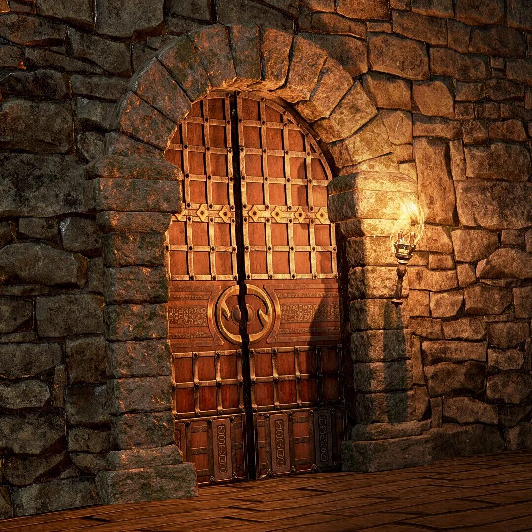 Открытые ворота замка. Дверь в темницу. Сказочная дверь с замком. Дверь фэнтези.