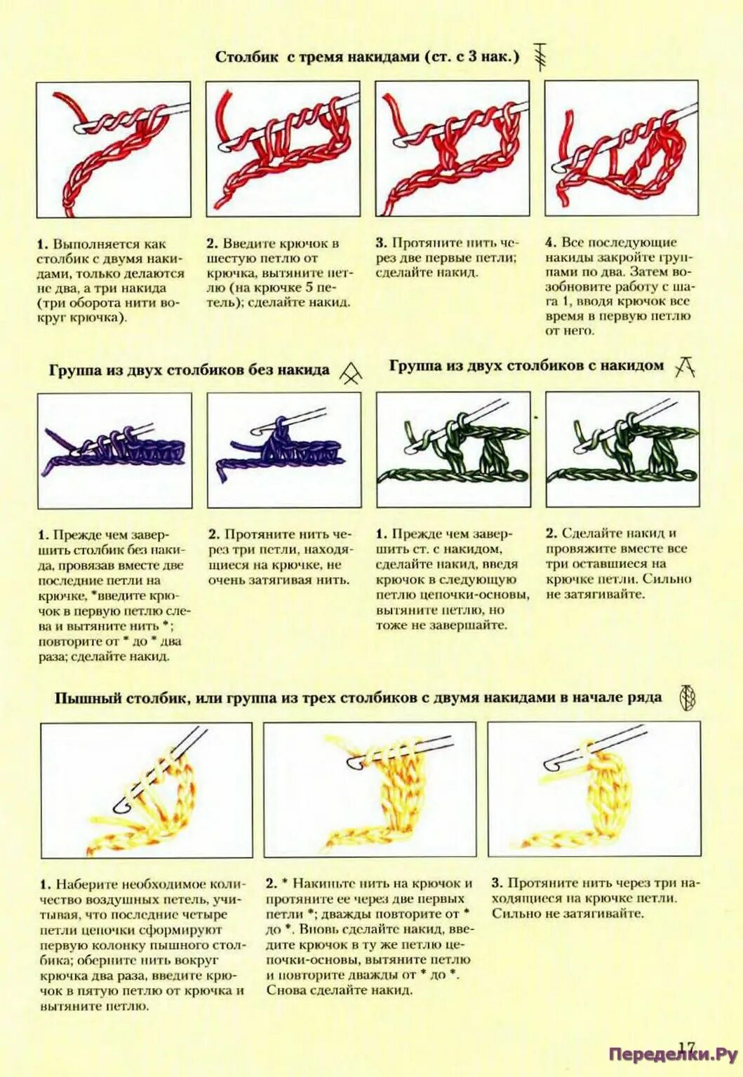 3 Столбика с накидом в 1 петлю. Столбик с 2 3 и более накидами. Три столбика без накида в одну петлю крючком. 4 Столбика без накида в одну петлю.