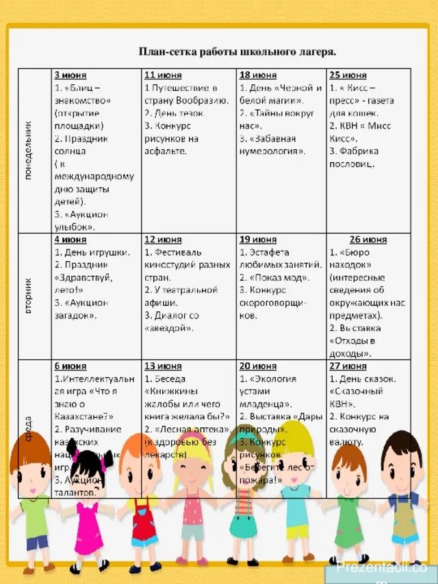 Мероприятие в лагерь в школе. План сетка пришкольного летнего лагеря. План-сетка мероприятий в летнем пришкольном лагере. План сетка на лето в лагере дневного пребывания. План сетка лагеря дневного пребывания.
