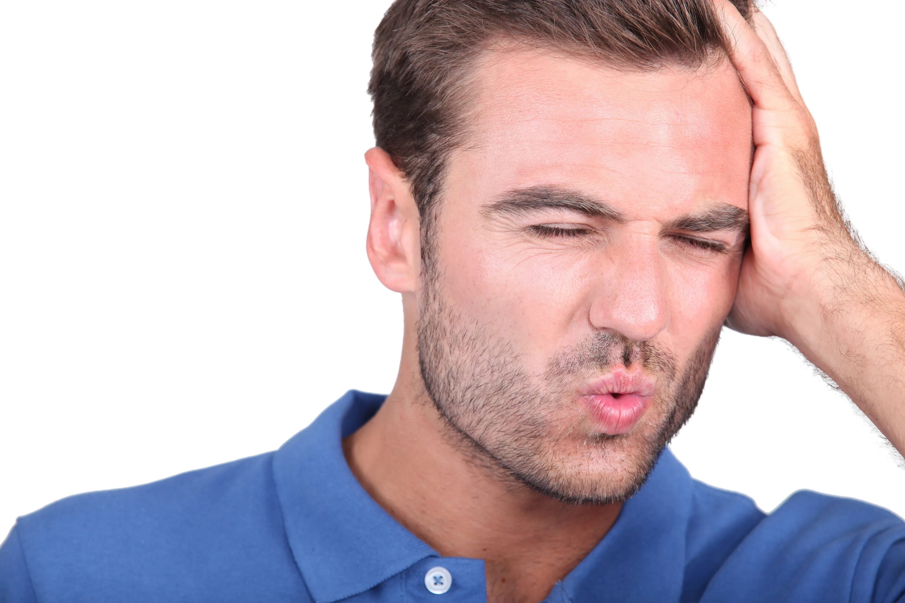 Hit the head. Страдающий мужчина на белом фоне. man head pain. head hit spark.
